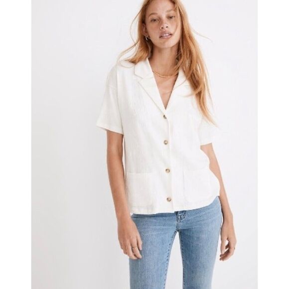 MADEWELL Knit Lightspun Camp Shirt, Tortoise Shell Buttons, Ivory, Sz M - Picture 1 of 10
